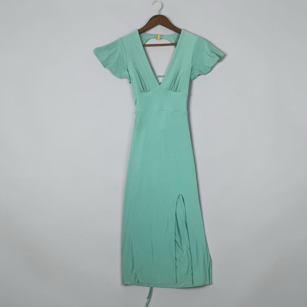 NWT Sage Green Corset Back Dress Flutter Sleeve Slit Bodycon Formal Evening Gown